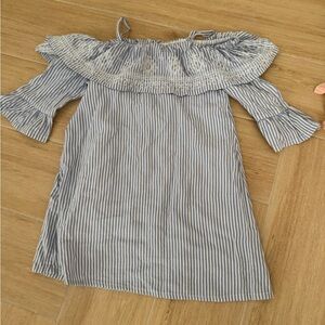Japna Blue and White Striped Off-Shoulder Kids Dress
